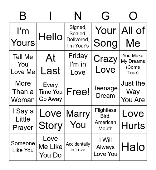 Love Song Jukebox Bingo #1 Bingo Card