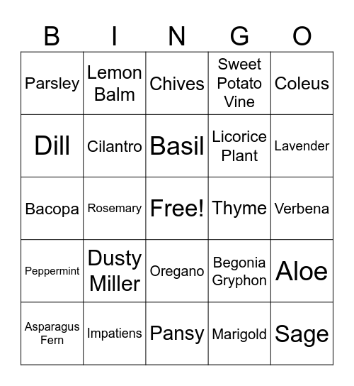 Plant Bingo Card