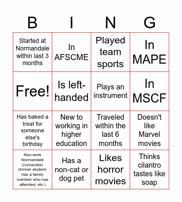 Normandale Bingo Card