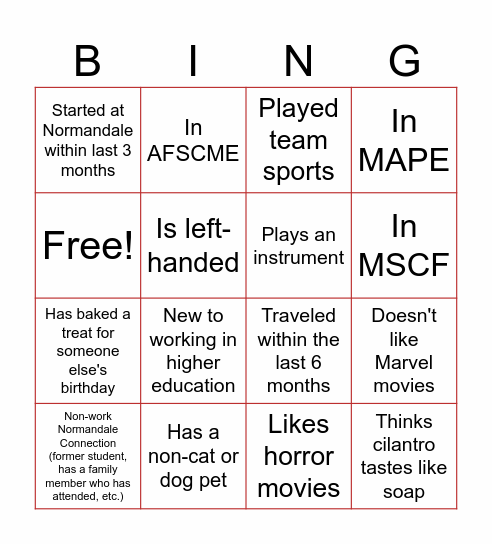 Normandale Bingo Card