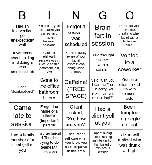 Therapist BINGO Card