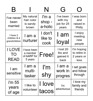 GET TO KNOW ME Bingo Card