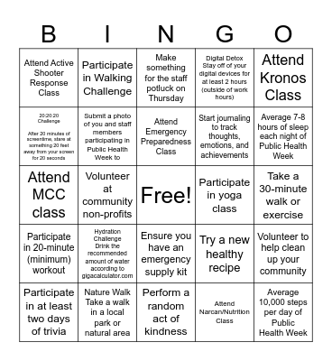 Public Health Week Bingo Card