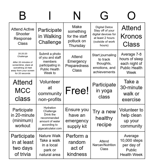 Public Health Week Bingo Card