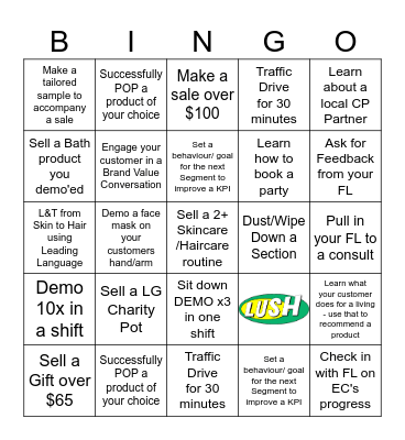 Sales Ambassador LUSH Bingo Card