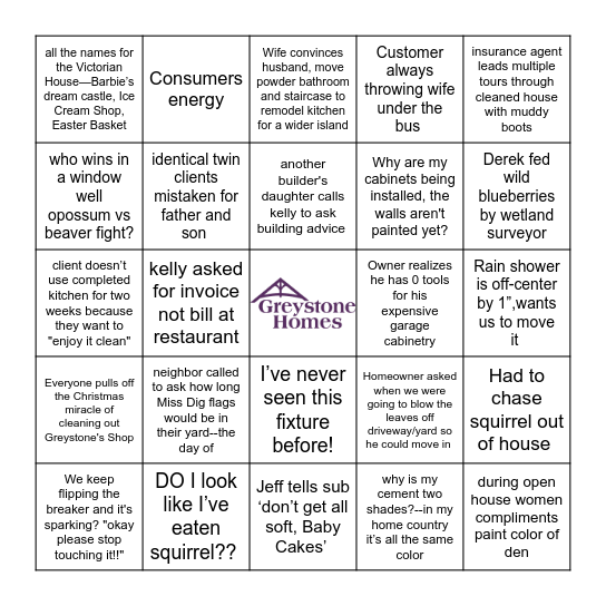 Greystone Homes Bingo Card