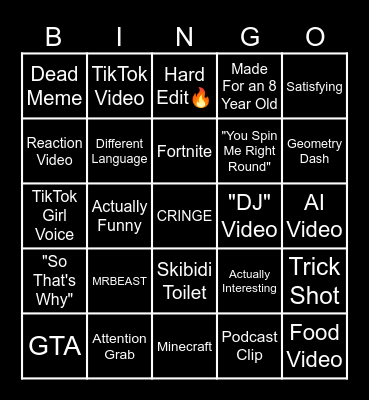 YouTube Shorts Bingo Card