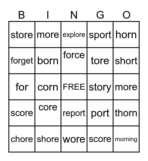 or and ore Spelling Words Bingo Card