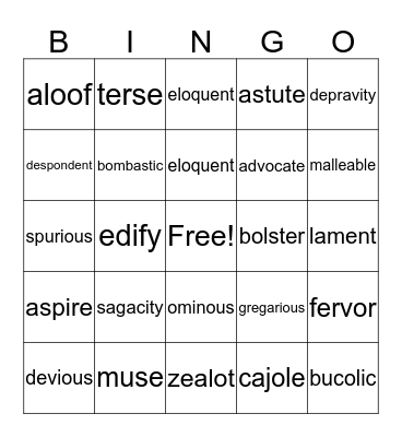 VOCABULARY  Bingo Card