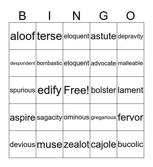 VOCABULARY  Bingo Card