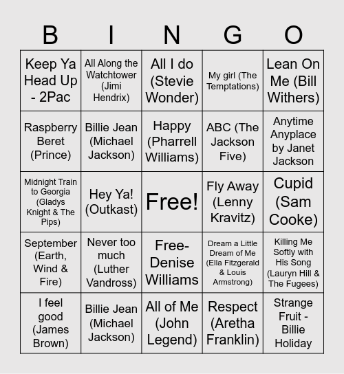 Black History Month Music Bingo! Bingo Card