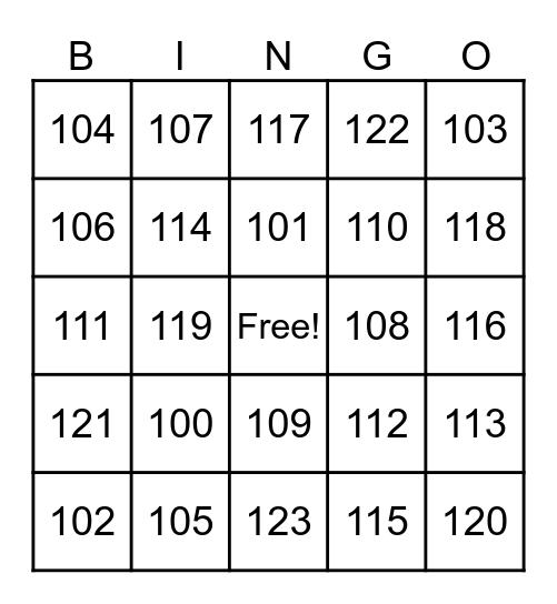 100-123 Numbers Bingo Card