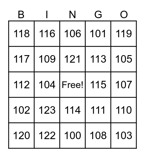 100-123 Numbers Bingo Card