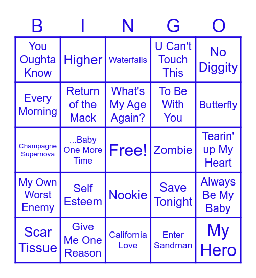 Kenz's 90s JAMS Bingo Card