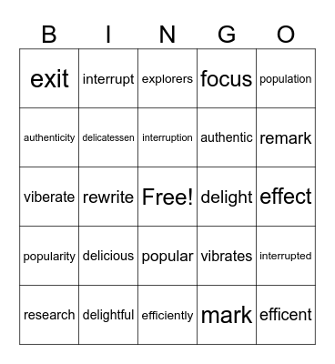 Vocabulary (Red 101-110) Bingo Card