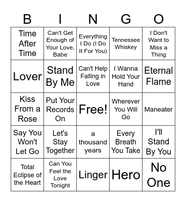 Love Song Jukebox Bingo #2 Bingo Card