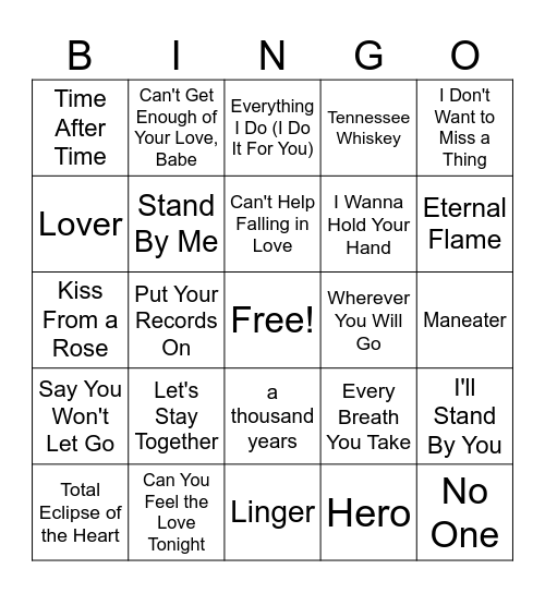 Love Song Jukebox Bingo #2 Bingo Card