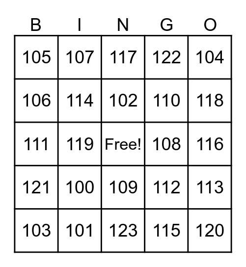 100-123 Numbers Bingo Card