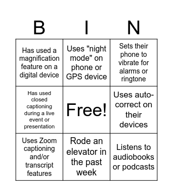 Accessibility Bingo Card
