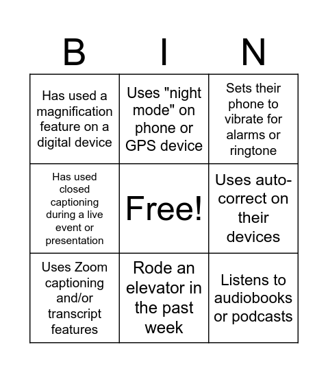 Accessibility Bingo Card