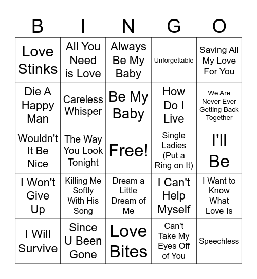 Love Song Jukebox Bingo #3 Bingo Card