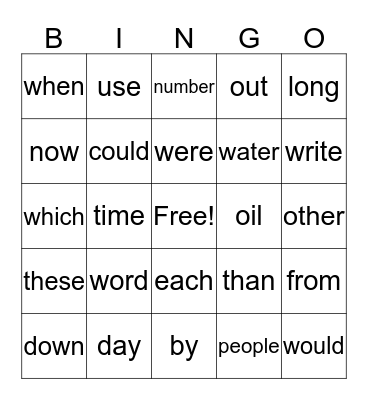 High Frequency Words Bingo Card