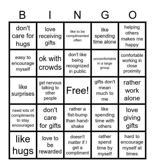 Languages of Appreciation Bingo Card