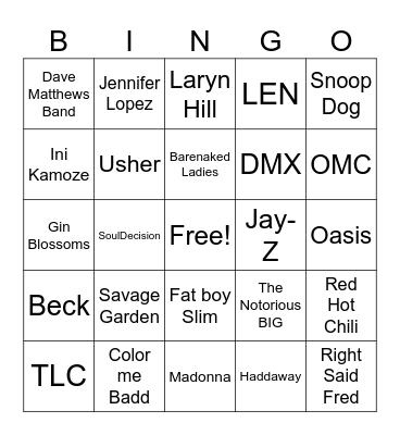 90s Hits Bingo Card