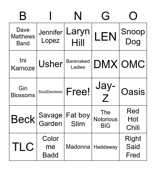 90s Hits Bingo Card