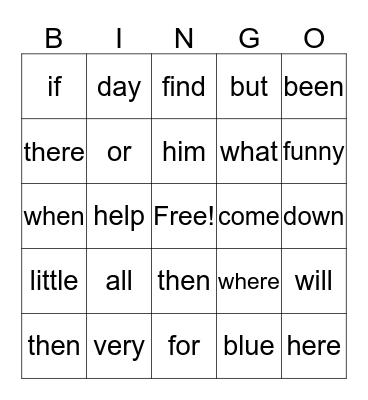 Sight Word Bingo Card