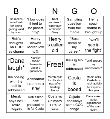 UFC 298 Press Conference Bingo Card
