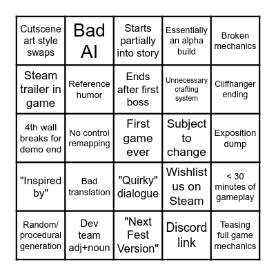 Steam Demo Bingo Card