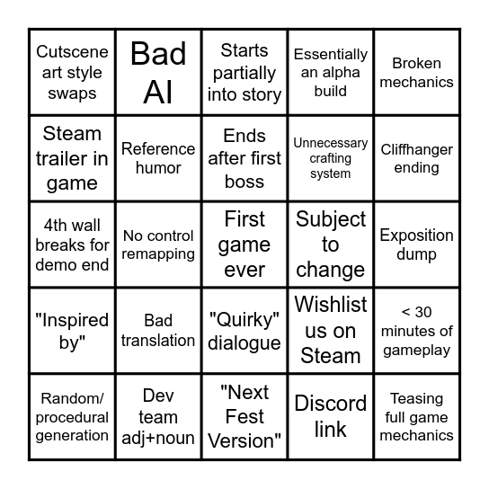 Steam Demo Bingo Card