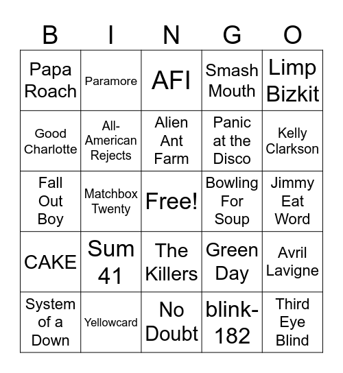 Pop Rock/Pop Punk Bingo Card