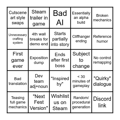 Steam Demo Bingo Card