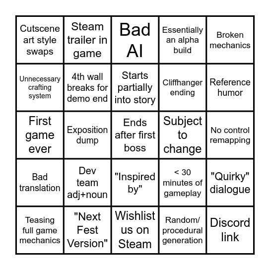 Steam Demo Bingo Card