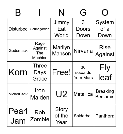 HardRock/Metal Bingo Card