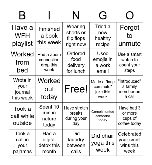 Well-Being Bingo Card