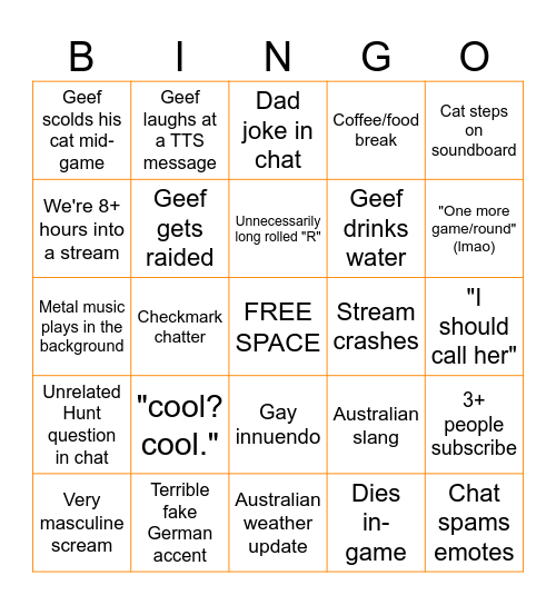 Geef Stream Bingo (Post wins in Discord) Bingo Card