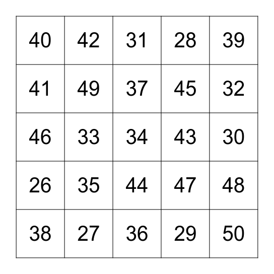 数字 25 － 50 Bingo Card