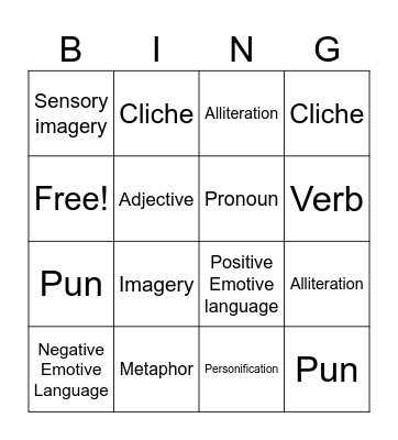 Language Features Bingo Card