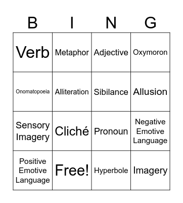 Language Features Bingo Card