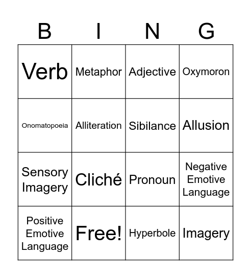 Language Features Bingo Card