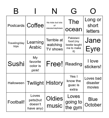 Sarah’s Pen Pal Bingo Card