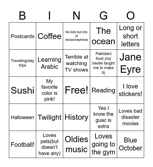 Sarah’s Pen Pal Bingo Card