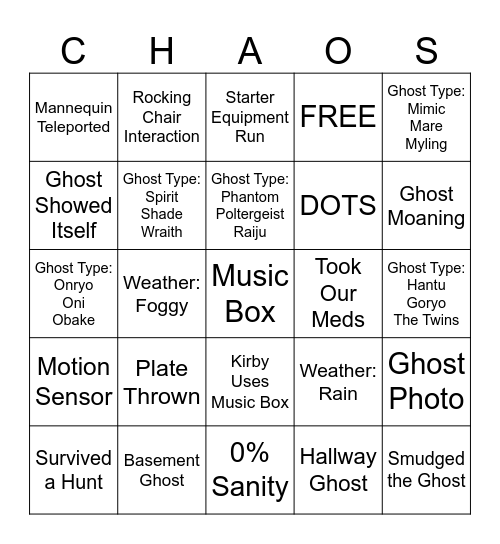 Chaos Crew Bingo Card