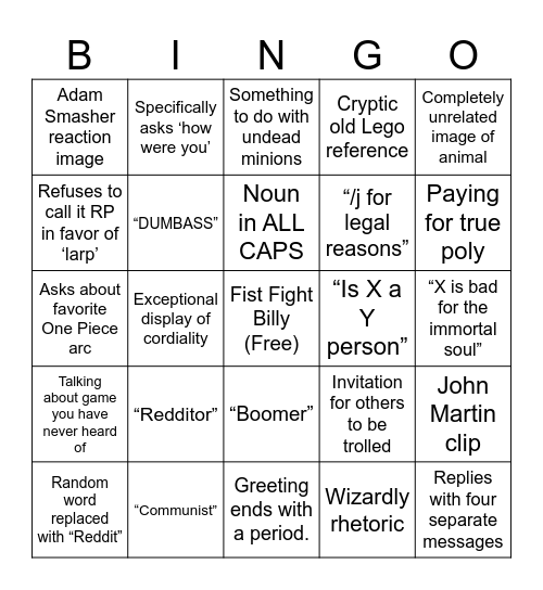 Excalisms Bingo Card