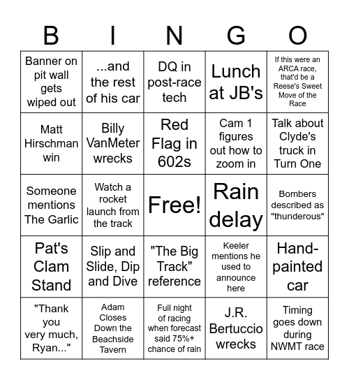 World Series of Asphalt Bingo Card