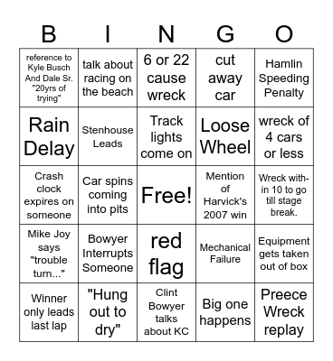 Daytona 500 Bingo Card