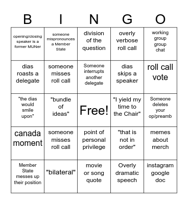 NWMUN Bingo 2024 Bingo Card